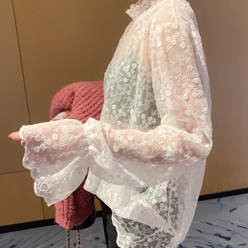 Lace shirt for women 2023 new autumn Korean style mesh inner with lace lace collar super fairy style bottoming top