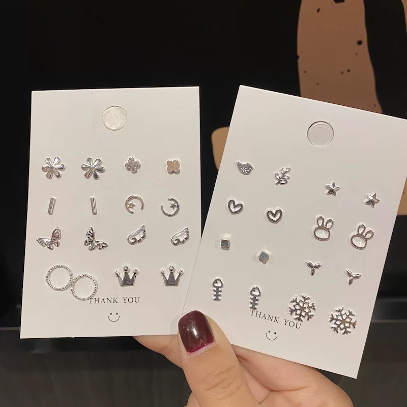 Glossy Earrings Set, Bow Accent, Korean Simple Elegant Style, Copper, Multi-Shape Kit