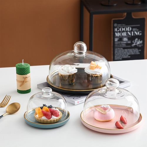 Nordic small fresh dessert plate transparent glass lid cake plate Western pastry baking dessert plate snack fruit storage plate