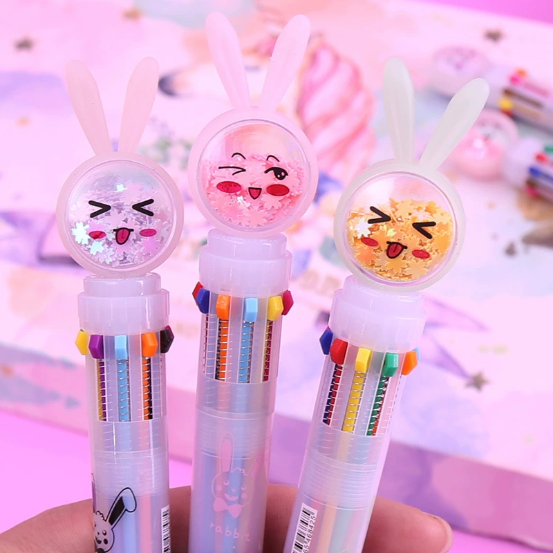 Симпатичные Красочные Блестки десятицветная Шариковая ручка для студентов, изучающих канцелярские принадлежности, креативный офис, шариковая ручка с героями мультфильмов, 10 цветов