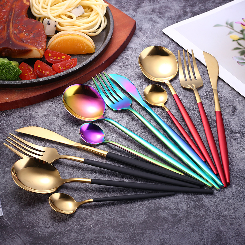 포르투갈 나이프, 포크와 스푼 4 피스 스텐 서양 식기 스테이크 나이프와 포크 본식 스푼 페인트 작은 차 스푼 선물 스푼