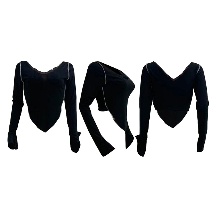 women s irregular stitching V-neck solid color long-sleeved T-shirt nihaostyles clothing wholesale NSGLS72815