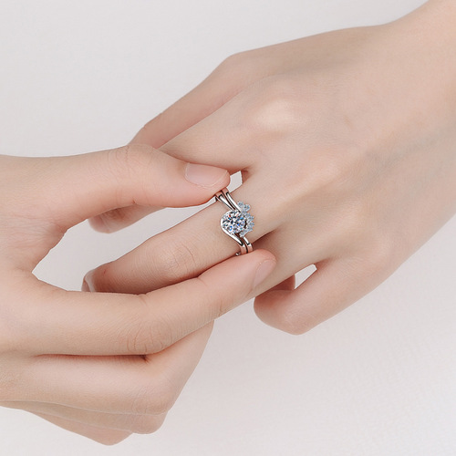 S925 sterling silver ring for women, two-piece set, two-band moissanite ring plated with pt950 gold, factory direct supply and wholesale
