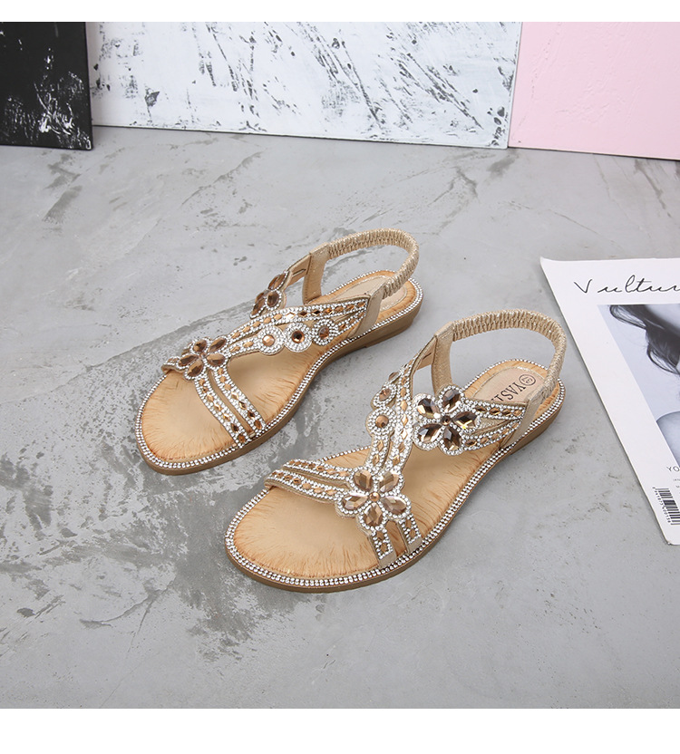 2024 New cross-border large-sized hollowed-out sandals, Bohemian-style women's shoes, summer comfortable flat diamond sandals undefined