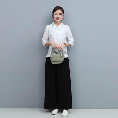 Chinese style Hanfu cotton and linen Yoga clothes taichi Two-piece Zen tea suit Zen layman's clothing suit women