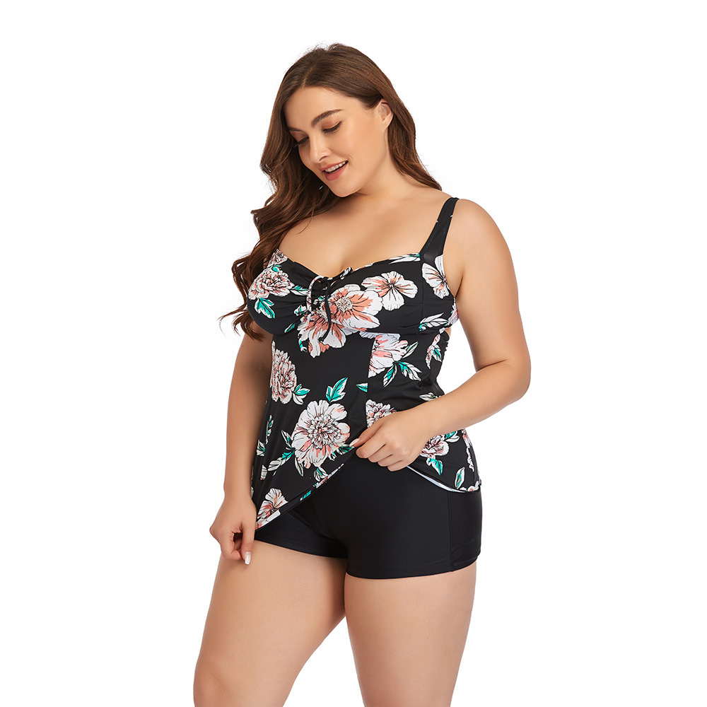 plus size floral printed back lace up split swimwear NSYDS122094