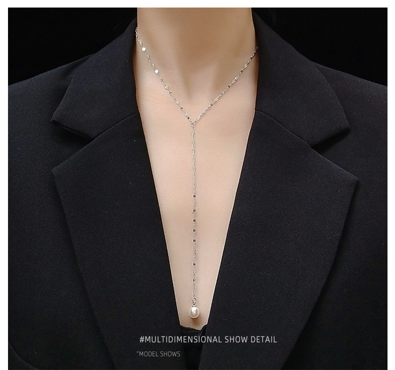 Titanium Steel Plated 18k Real Gold Tassel Long Necklace Pearl Y-shaped Clavicle Necklace Set display picture 7