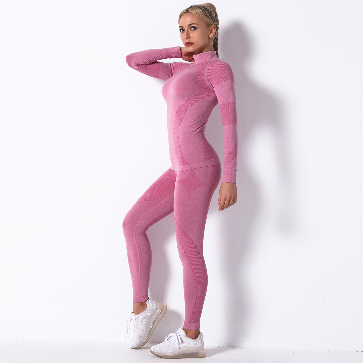 seamless knitted striped sports yoga long-sleeved two-piece suit  NSLX9020