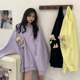 ins加绒小熊盐系卫衣女秋装2020新款韩版网红宽松设计感套头上衣
