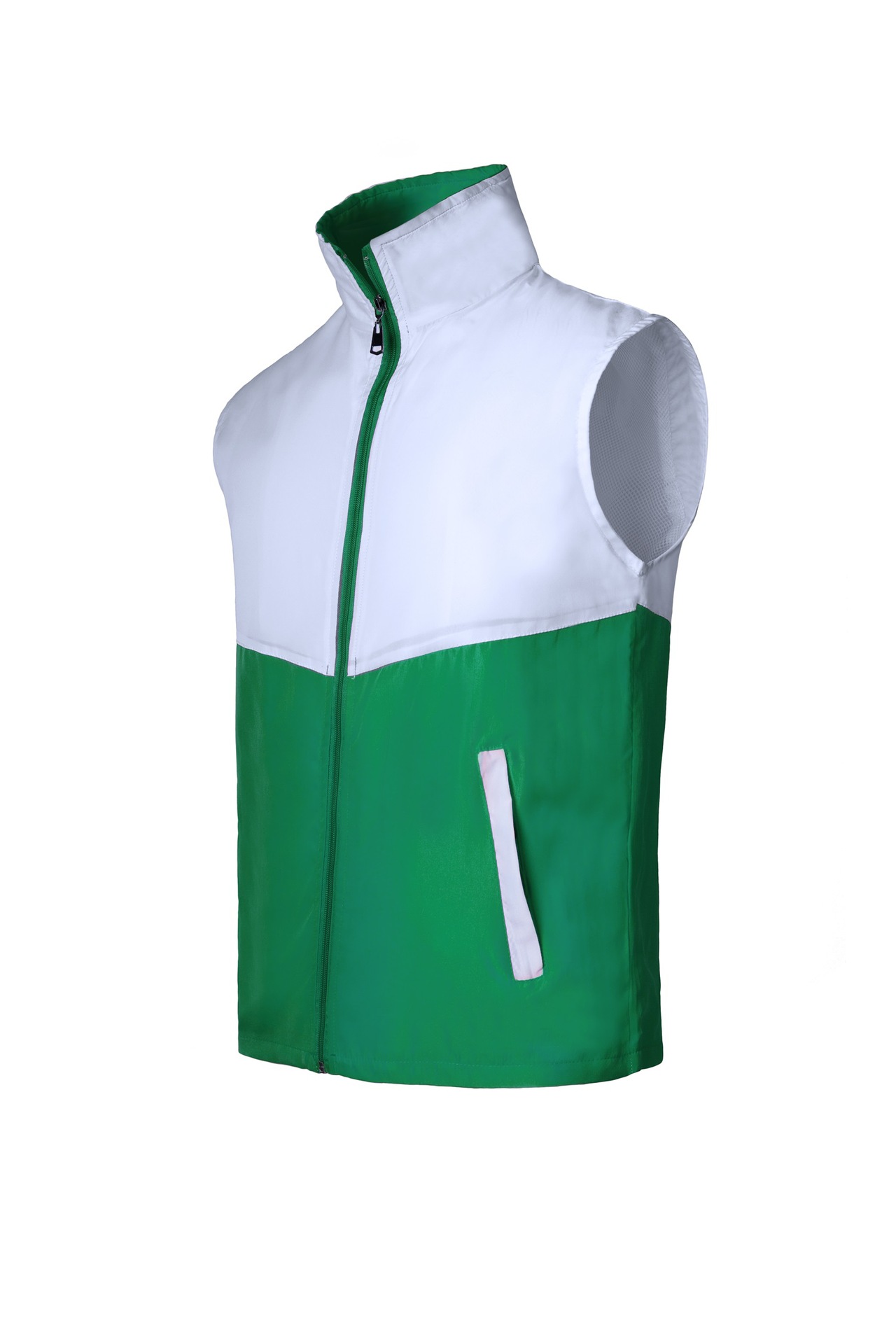 團體活動定制-上下拼色雙層內帶網拉鏈深綠拼白志願者馬夾