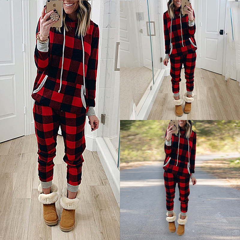 women s plaid printed long-sleeved hooded casual sweater  NSKX7784