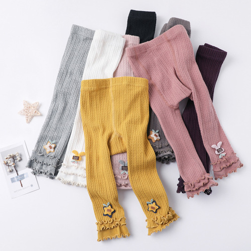 2020 Spring and Autumn Three-layer Fungus-edged Bright Silk Jewelry Children's Nine-Point Pants, Two-Purpose Baby Leggings