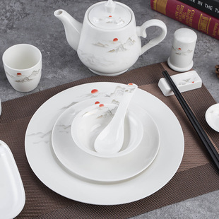 Ceramic Table tableware four-piece bone plate Wing Bowl Cup spoon hotel restaurant banquet simple landscape painting wholesale