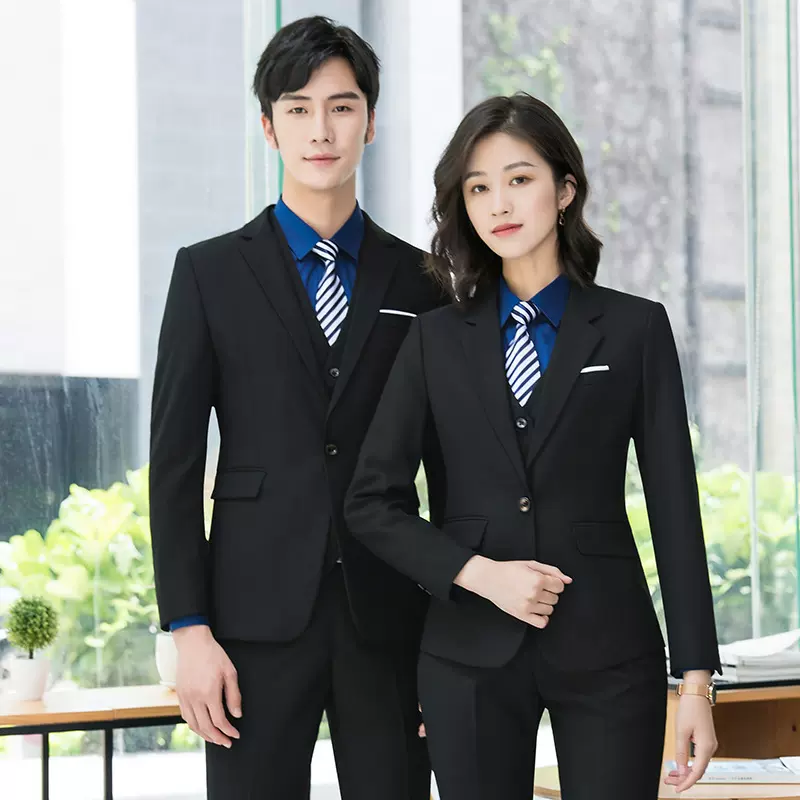 春秋季潮流情侣职业装上班欧美纯色休闲黑色男女同款职业装西装