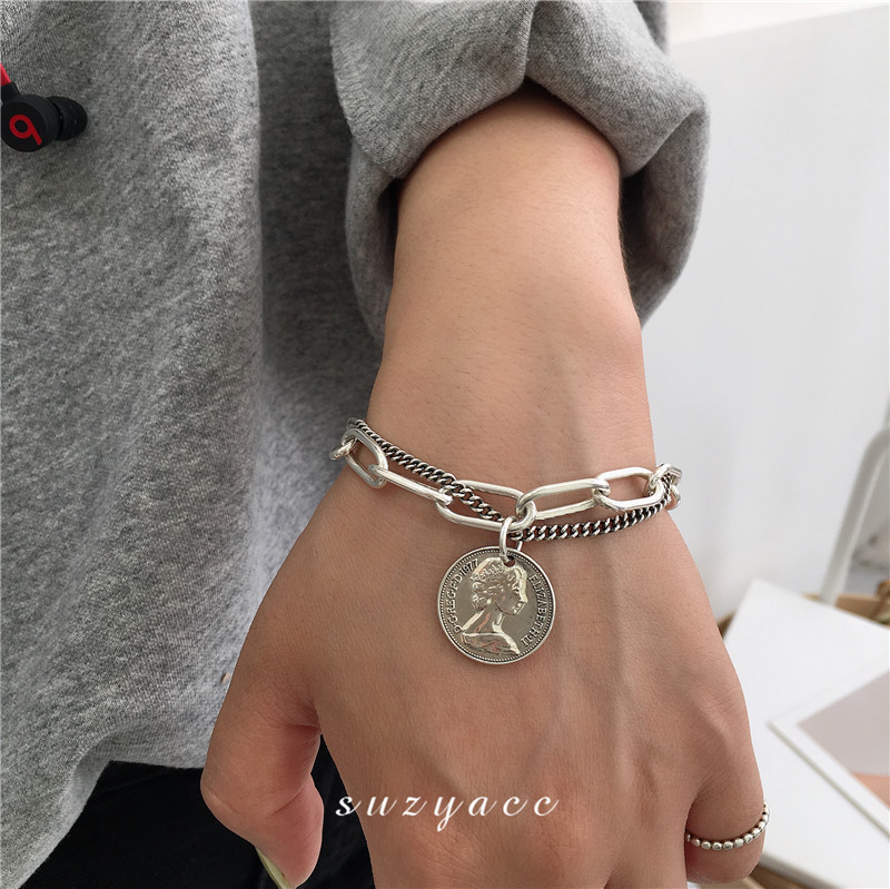 Sterling silver vintage bracelet South Korea Dongdaemun 925 Thai silver vintage chain coin portrait bracelet ins niche bracelet