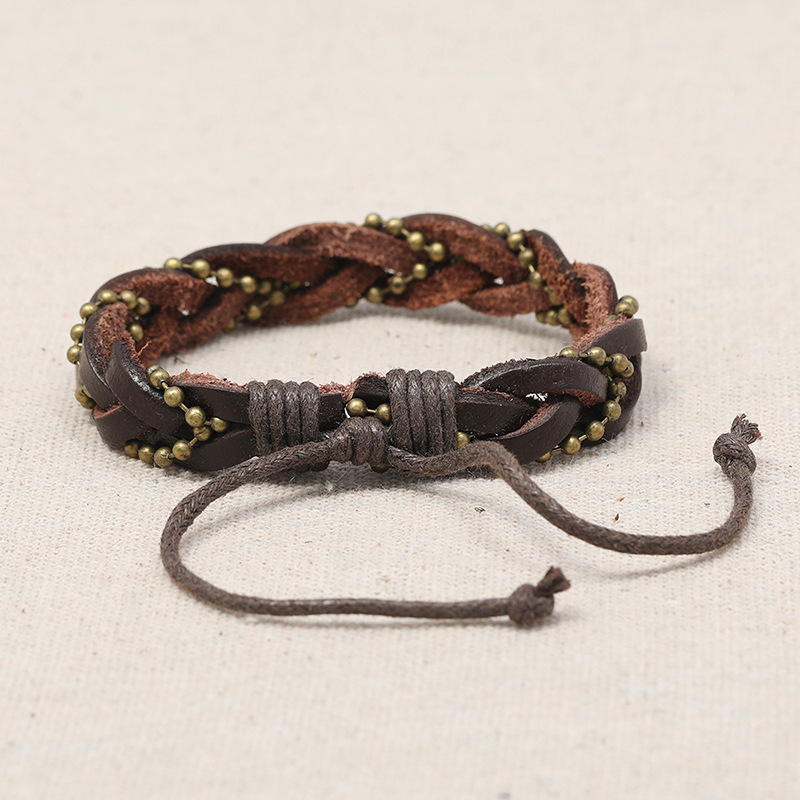 Retro  Woven Bead Chain Cowhide Bracelet display picture 3