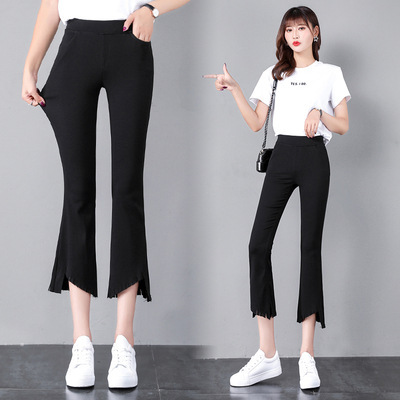 春夏季高腰微喇叭裤女裤显瘦修身九分裤不规则西裤女