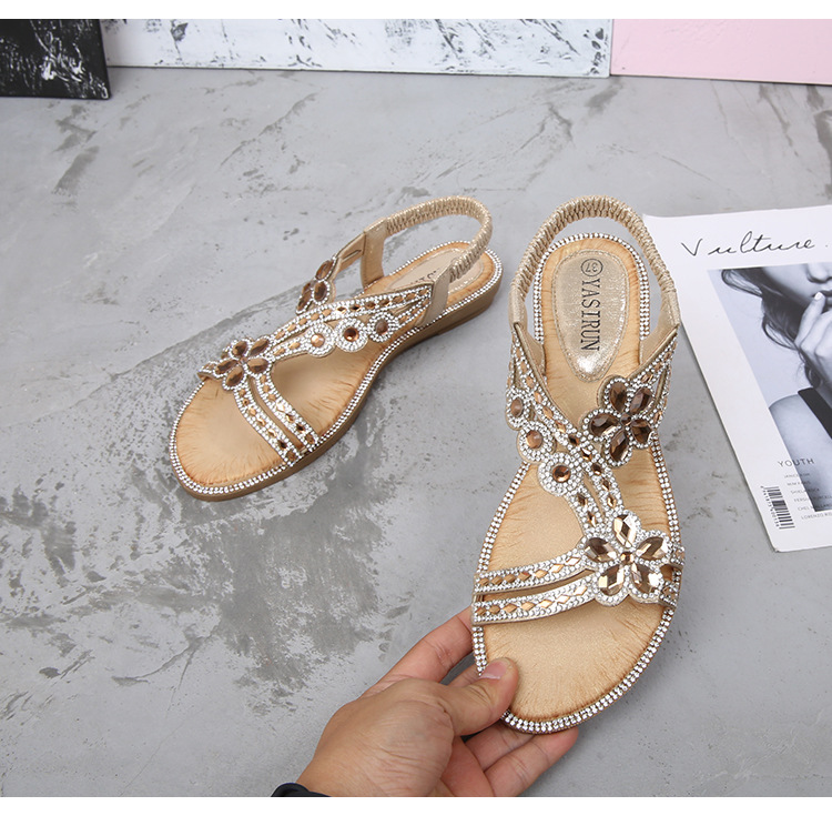2024 New cross-border large-sized hollowed-out sandals, Bohemian-style women's shoes, summer comfortable flat diamond sandals undefined