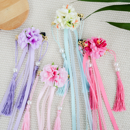 chinese hanfu hair accessory for girls Exquisite ancient tassel real flower hairpin Chinese hanfu headdress accessories hair accessories super long ribbon children hair clip