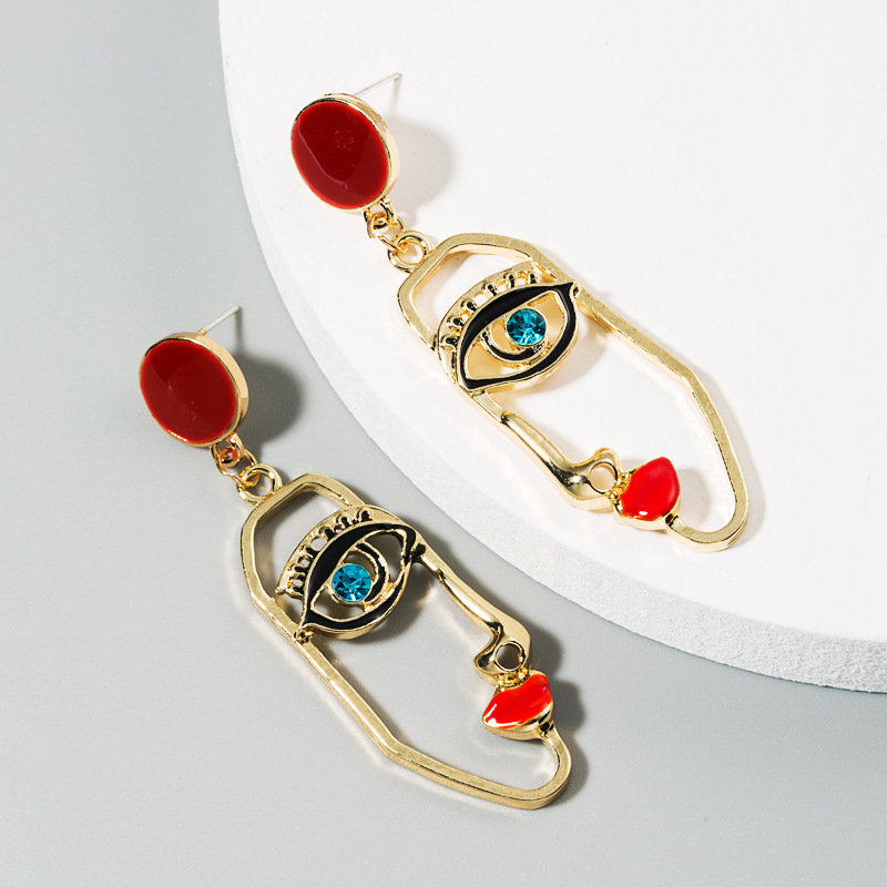 Exaggerated Personality Asymmetry Human Face Red Lips Alloy Diamond Drop Oil Earrings S925 Silver Needle Long Earrings Wholesale Nihaojewelry display picture 5