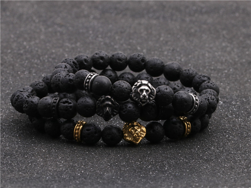 Fashion Stainless Steel Lion Head Bracelet Volcanic Beaded Menu0026#39;s Bracelet