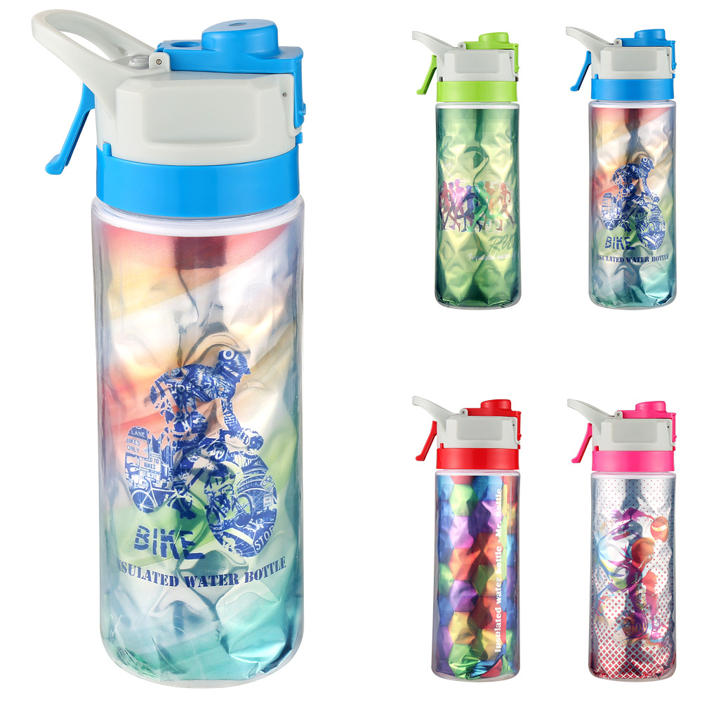 双层喷雾保冷水壶、广告户外骑行塑料运动水自行车水杯工厂家