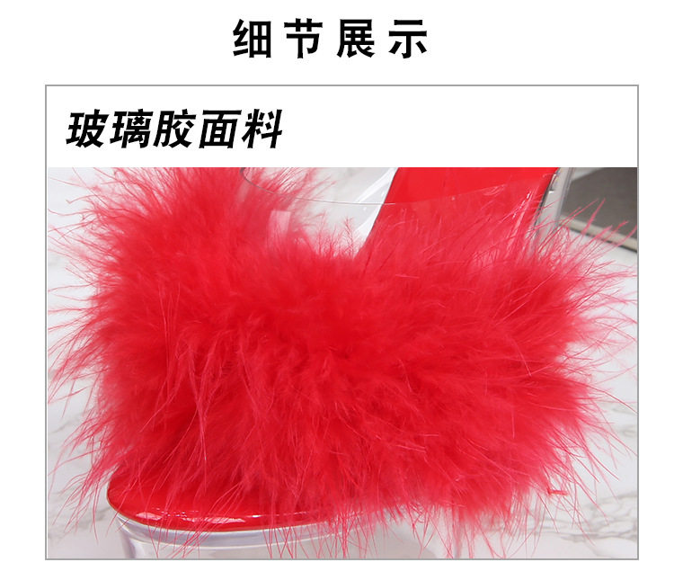 Dép sandal nữ gót nhọn siêu cao phối lông, quai trong suốt pha lê, mũi hở — Màu hồng, Màu trắng, Màu đen, Màu đỏ chi tiết 5