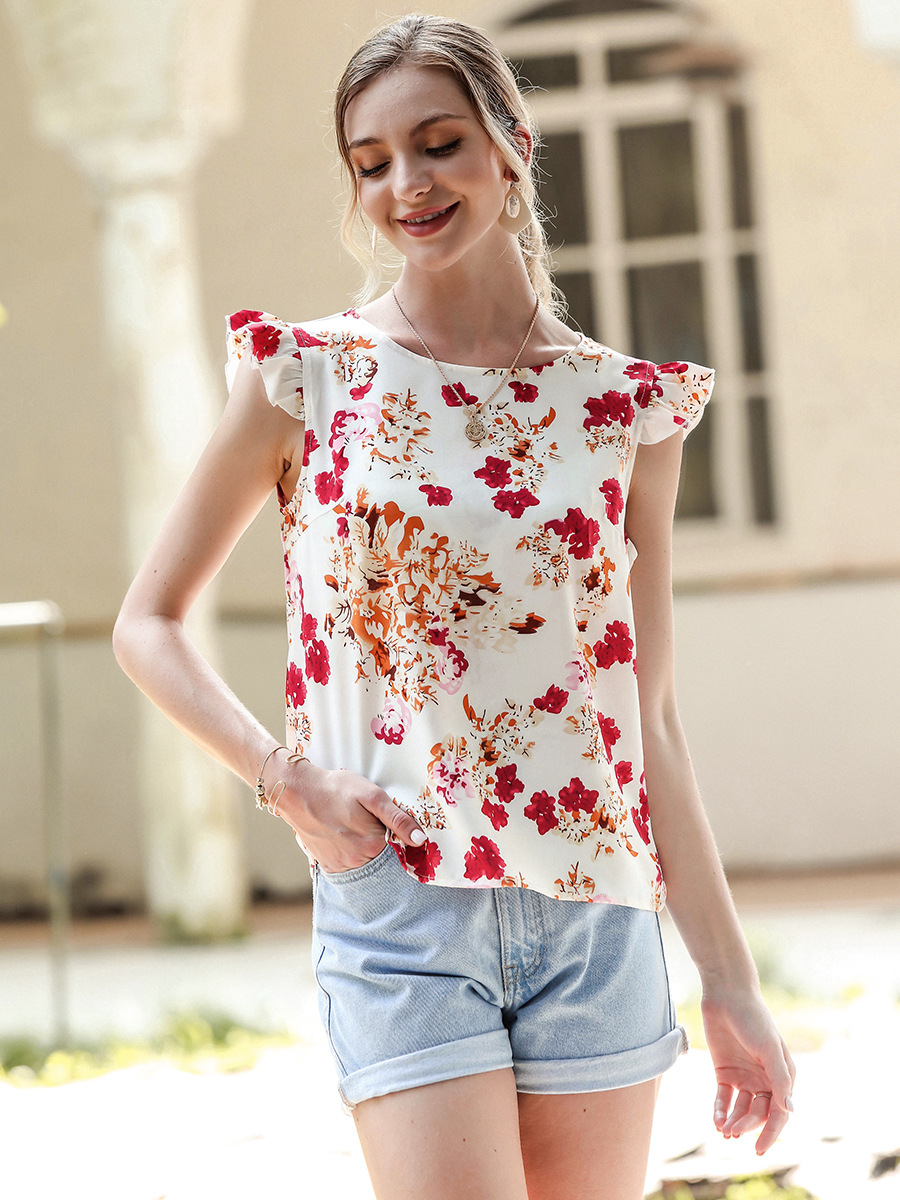  New Printed Round Neck Cap Sleeve Top  NSAL2900