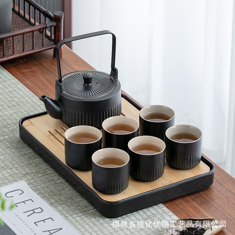 Japanese Style Coarse Pottery Lifting Beam Tea Set Old-fashioned Home Living Room Office Kung Fu Tea Tray Tea Cup Gift Box Complete Set