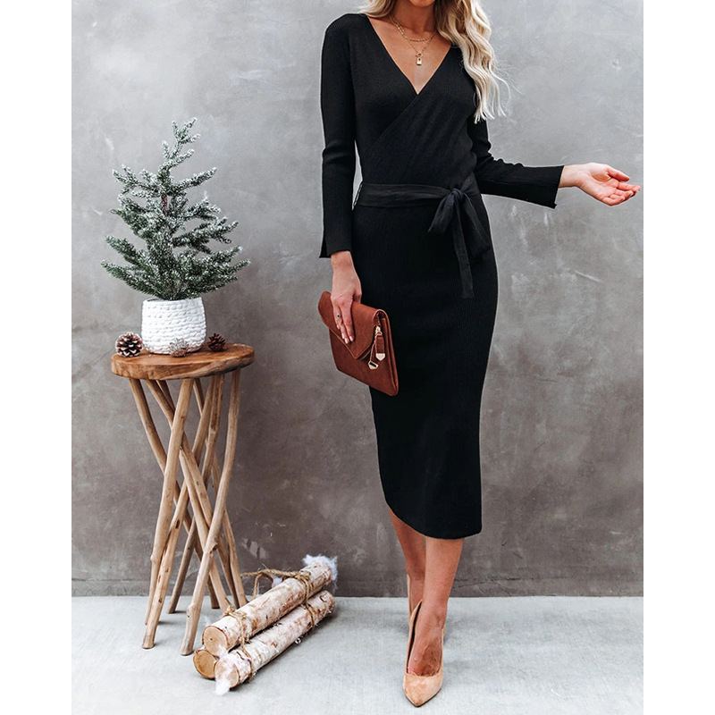 V-Neck Lace-Up Commuter Knitted Long-Sleeved Slim Dress NSHPH108631