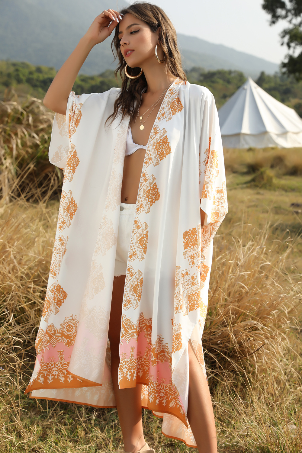 Cárdigan con estampado floral de verano para mujer, blusa suelta informal de vacaciones en la playa NSDF1482