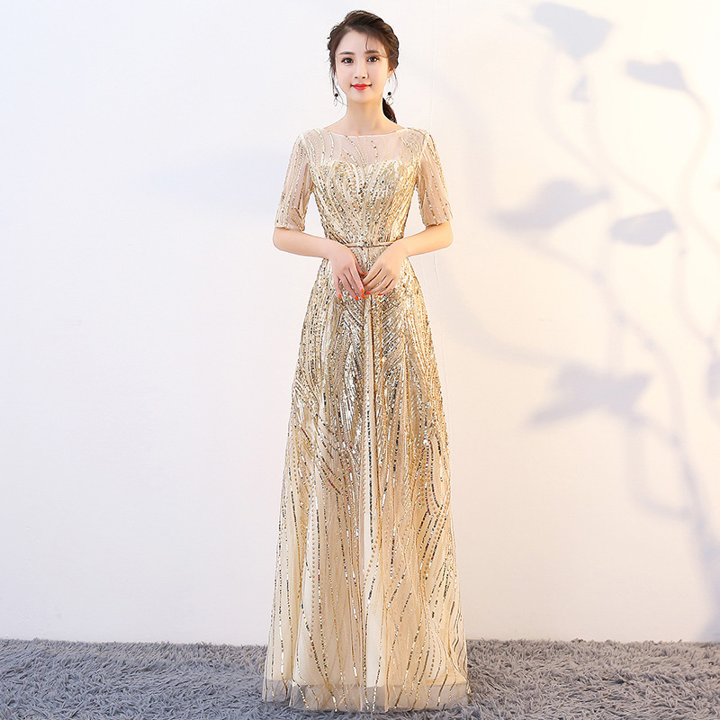 Evening Dresses cocktail party banquet dress vestido de banquete de cctel  Banquet evening dress, women's long sequined gold dress, chorus dress