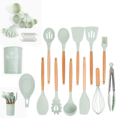 Wholesale silicone kitchen utensils with wooden handles 33-piece set silicone spoon spatula kitchen gadget set silicone holder kitchen utensils