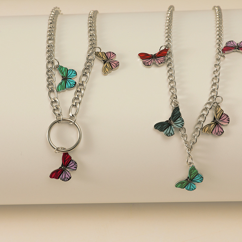 Koreanische Einfache Persönlichkeit Kreative 2-teilige Set Halskette Mode Retro Trend Bemaltes Tropföl Farbe Schmetterlings Halskette display picture 5