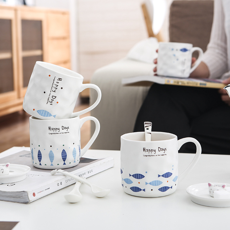 Japanese Style Cute Cat Cartoon with Lid Creative Women's Ceramic Cup Simple Milk Cup Children's Breakfast Mug Japanese Style Cute Cat Cartoon with Lid Creative Women's Ceramic Cup Simple Milk Cup Children's Breakfast Mug