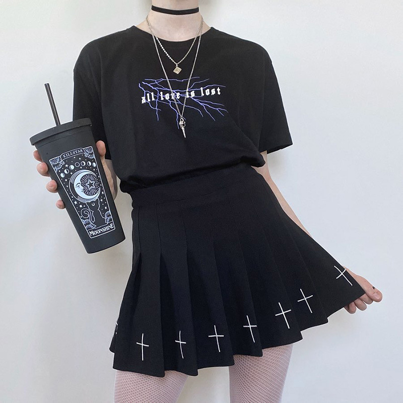 Punk Style A-Line Half-Length Pleated Little Black Skirt NSXE80585