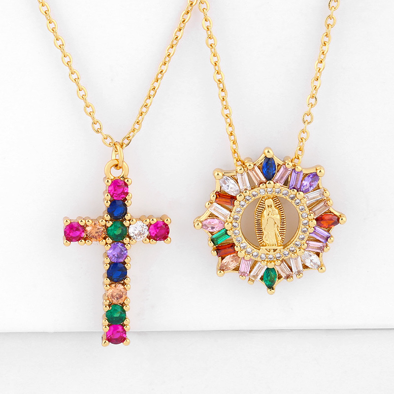 New Necklace Cross Our Lady Pendant Necklace With Color Zircon Necklace display picture 1