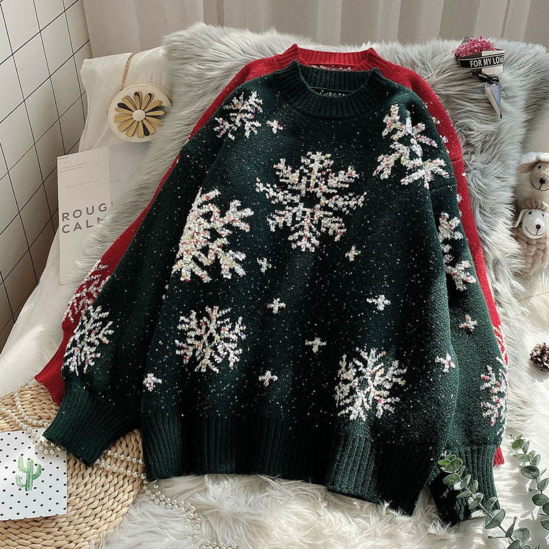 Women's Clothing Red Christmas loose sweater pullover female lazy style_voghion.com