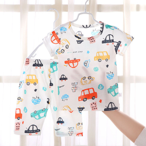 Children's short-sleeved shorts bamboo cotton summer pajamas set baby home clothes thin cotton half-sleeve one piece drop shipping