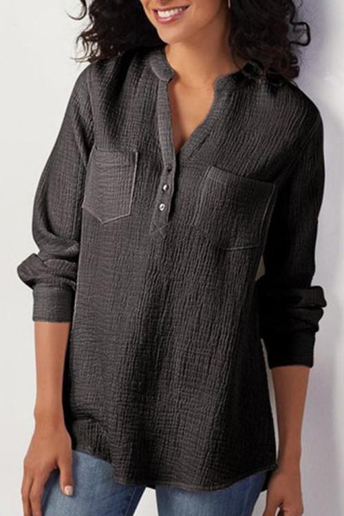 Plus size solid color v-neck long sleeve cotton and linen loose blouse NSGYX84450