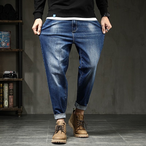 Men's plus size wide leg jeans, fat person small foot pants, straight leg loose elastic jeans, men's clothing