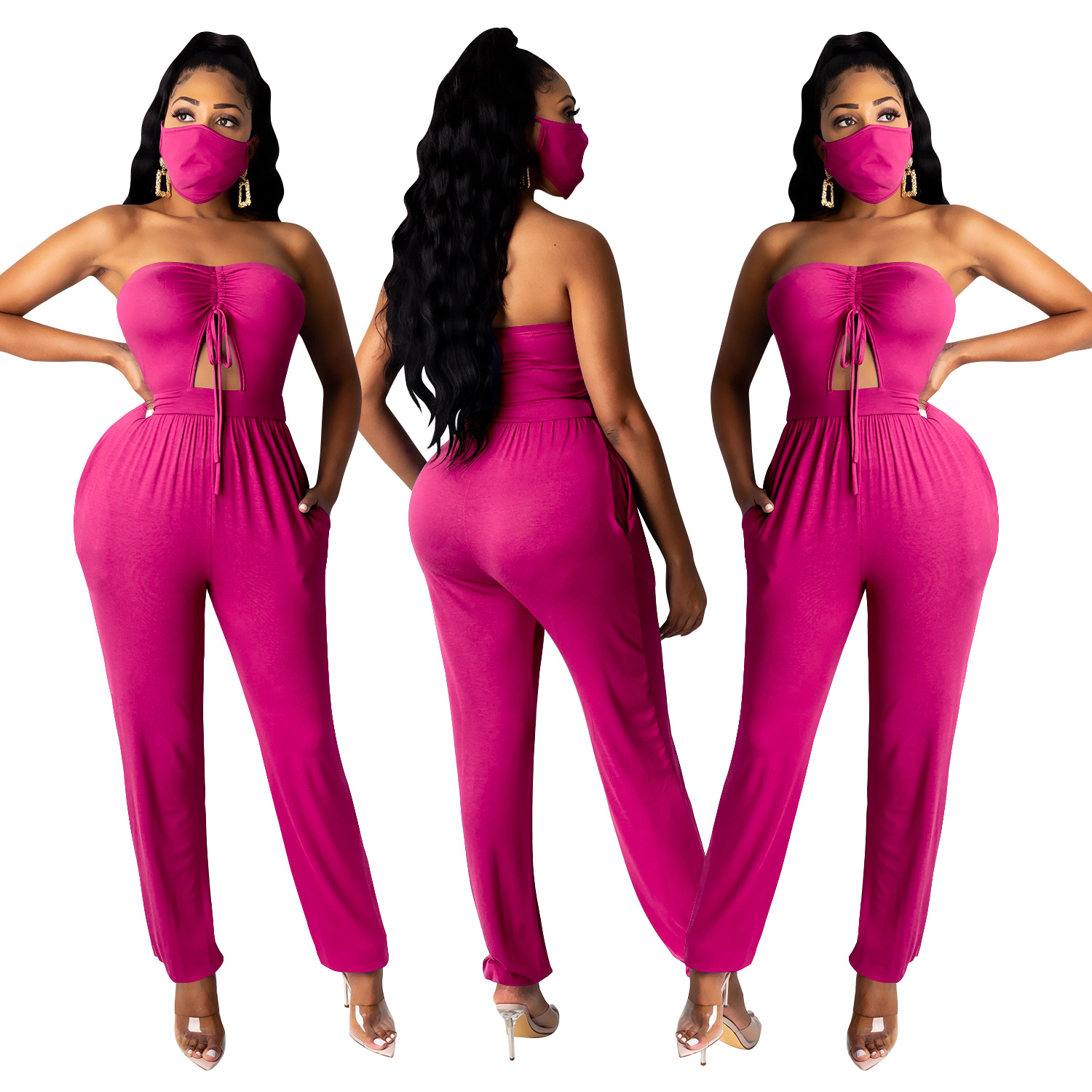 Sexy Sleeveless Tube Top Tight Drawstring Jumpsuit (Including Mask) NSXYZ100490