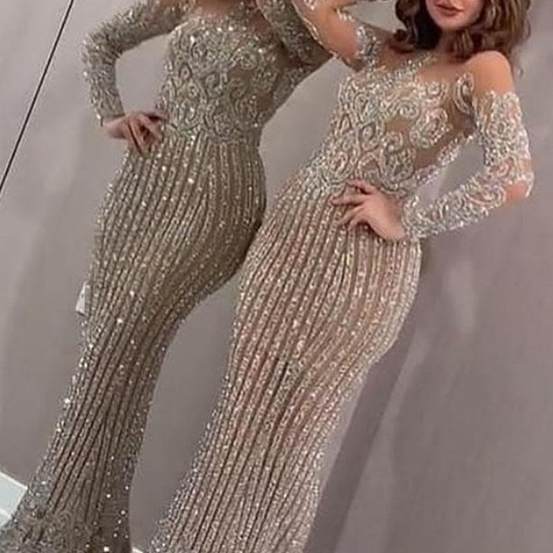 2020 New Cross Border Foreign Trade Women's Independent Station EBay Sexy Hot Stamping Long Sleeve Prom Dress New Style Lady Dress