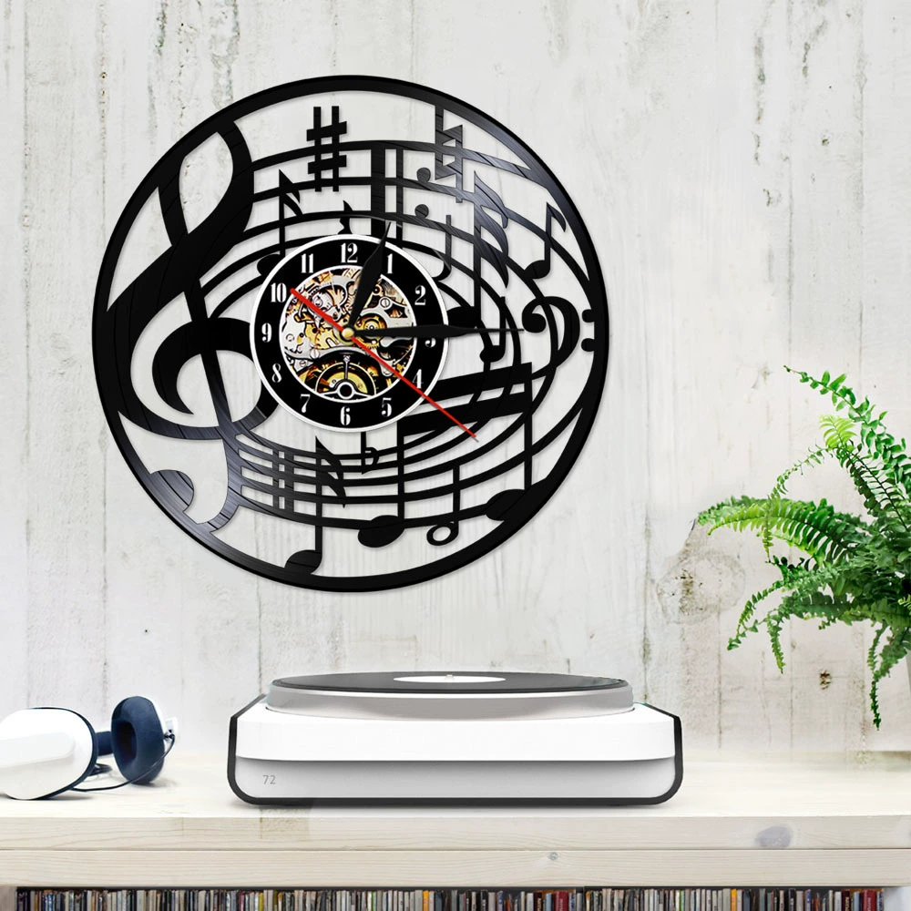 Rock music party notes symbolectic ethylene black glue record clock scanning silent wall clock decoration gift