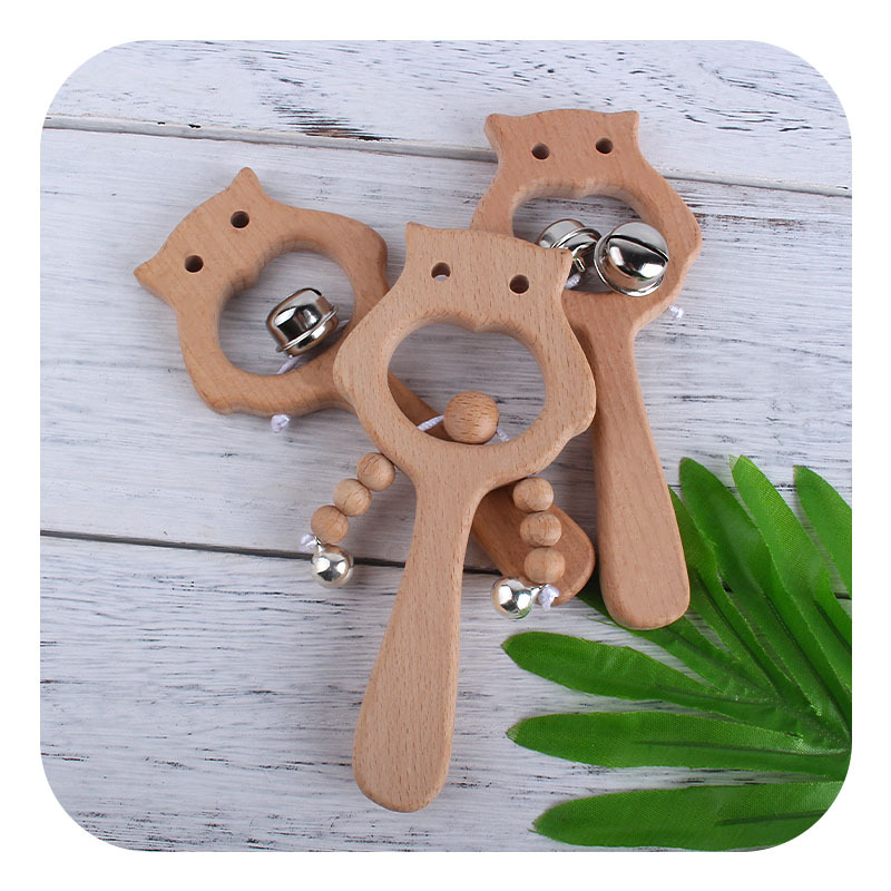 Nuevo DIY dibujos animados haya mano palo juguete mordedor búho marrón oso sonajero juguete mordedor