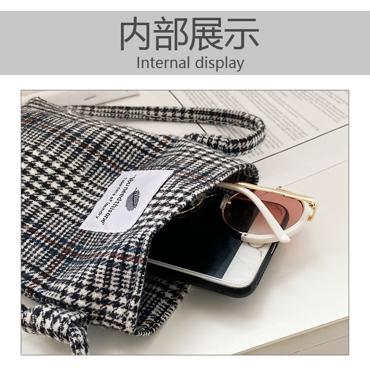 New  Check Retro Woolen Plain Cotton  Linen Mobile Phone Bag display picture 31