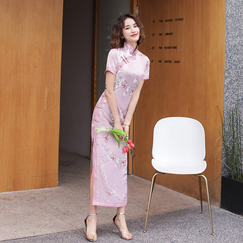 Long Silk Short Sleeve Cheongsam Improved Chinese Dress Retro Chinese Style qipao Pink Cheongsam Dress