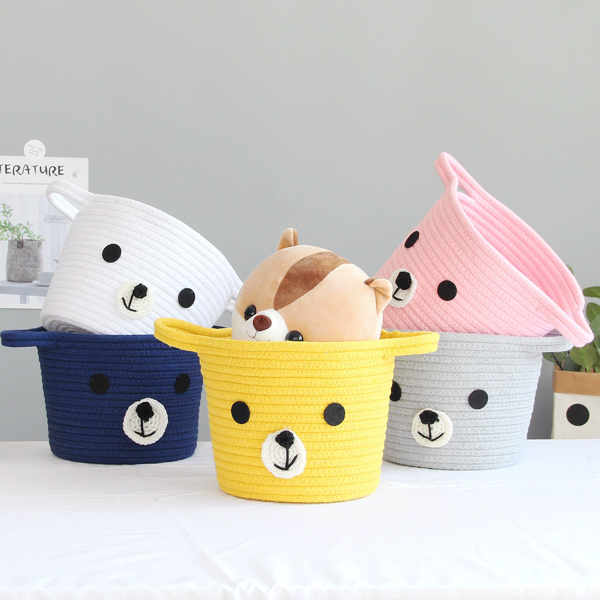 Storage box, woven cute table storage system, storage basket, DIY, with little bears