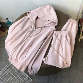 卫衣女春秋薄款2025新款拉链连帽衫两件套宽松运动休闲套装束脚裤