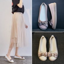 真皮平底软底软皮单鞋一脚蹬浅口蝴蝶结豆豆鞋女百搭森系奶奶鞋夏